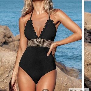 Black Scalloped Halter One-Piece Swimsuit